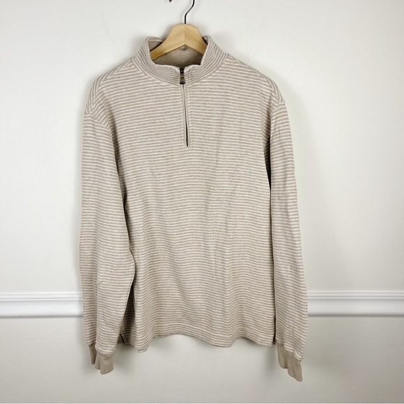 Todd & Gunn Beige White Striped Riverlands Sweatshirt 1/4 Zip 100% Cotton Size M - Picture 2 of 12